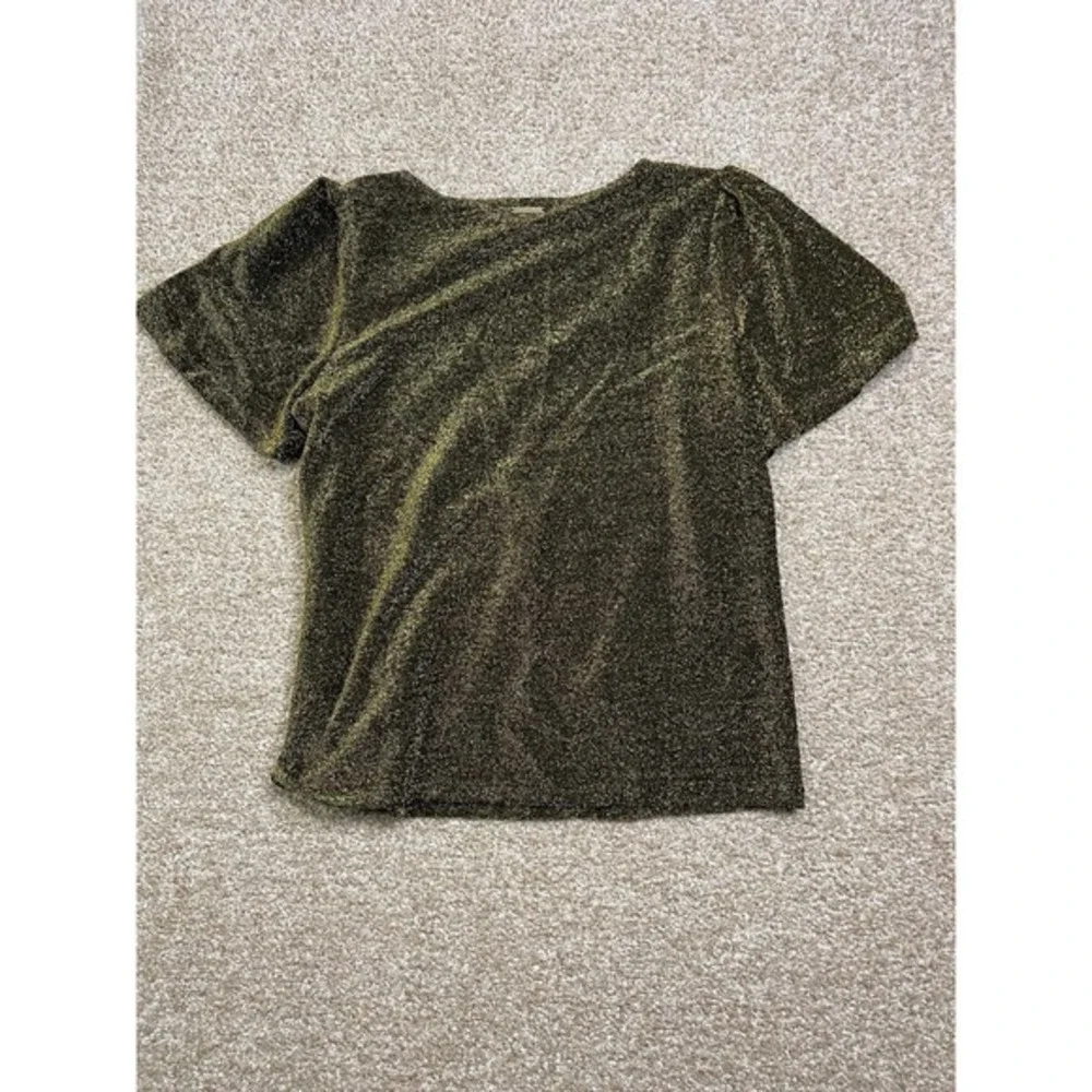 Michael Kors Womens L Glitter Sparkle Gold MK Short Sleeve T Shirt V-Neck‎